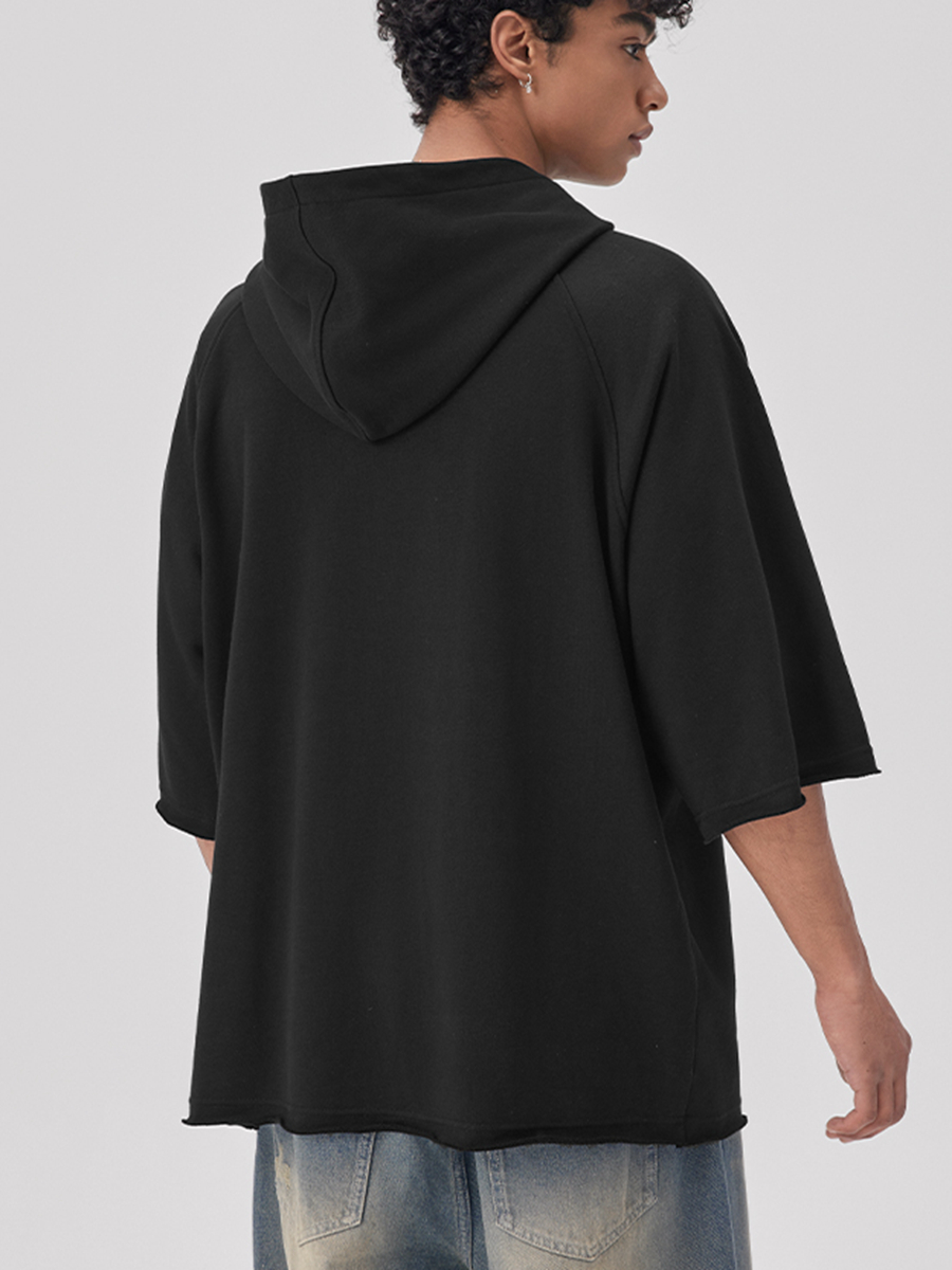 Custom plain Oversized Heavyweight Cotton Drop-Shoulder Half-Sleeve Hoodie Custom plain Oversized Heavyweight Cotton Drop-Shoulder Half-Sleeve Hoodie