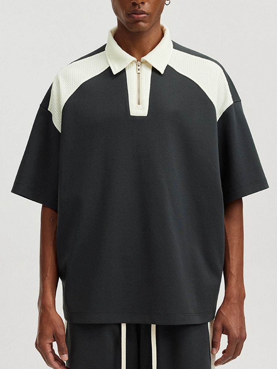 Custom Streetwise Zip-Up Polo shirts Bold Contrast Colors, Loose Fit  Short Sleeves Cotton Comfort