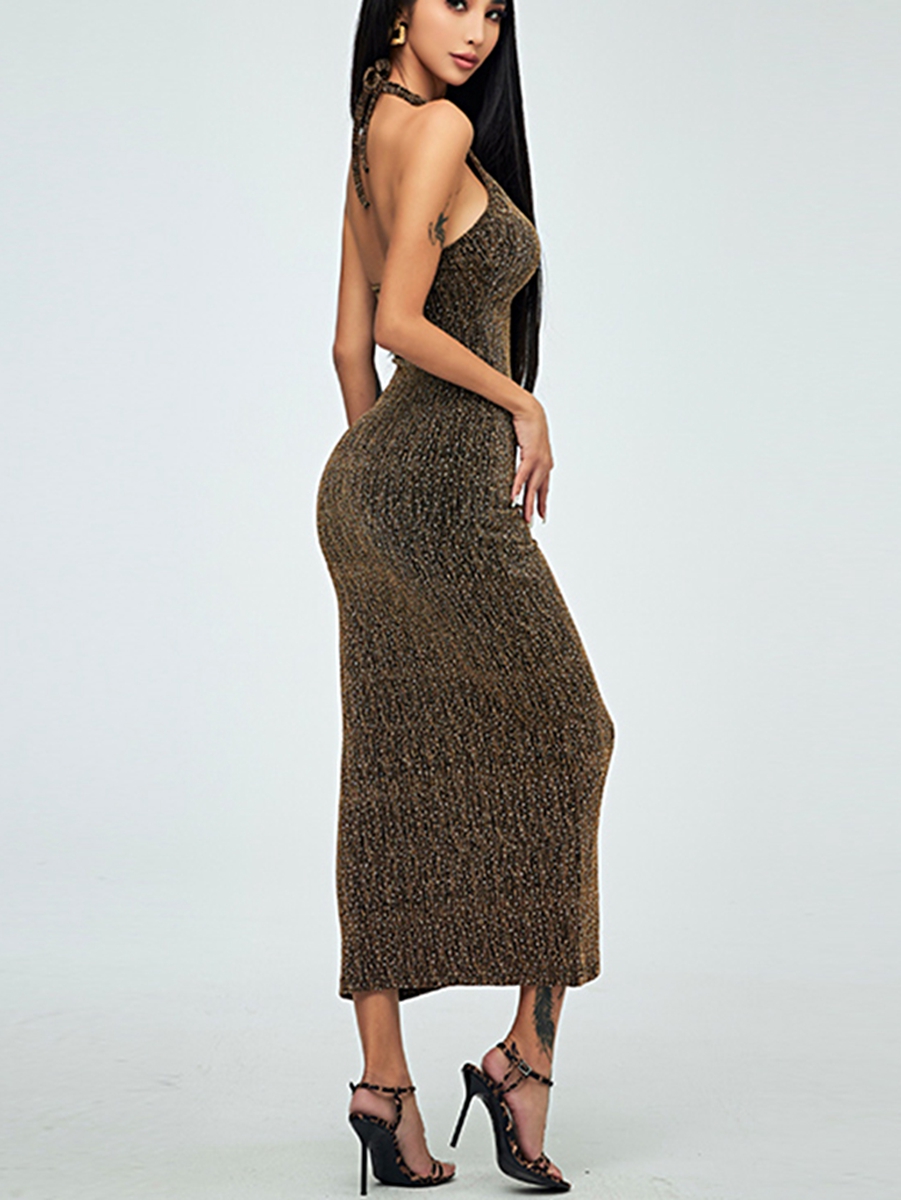 Elegant Gold Halter Neck Bodycon Dress - Custom Made, Sophisticated Style