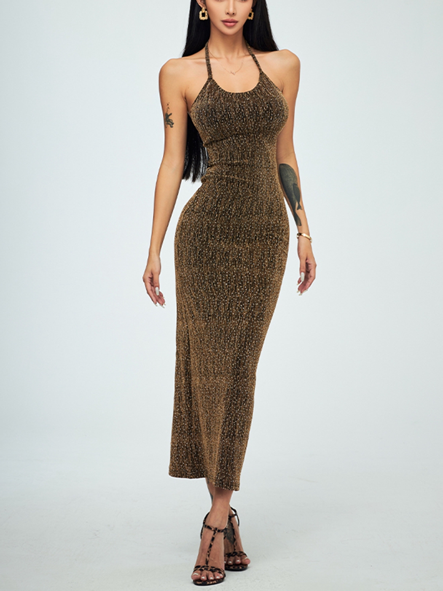Elegant Gold Halter Neck Bodycon Dress - Custom Made, Sophisticated Style